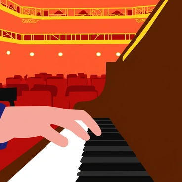 A right hand elegantly playing the keys of a grand piano in a concert hall.