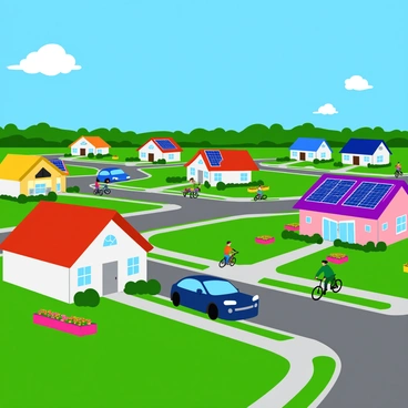 A suburban neighborhood with multiple houses, each featuring rooftops adorned with solar panels. The homes are designed in a variety of styles, showcasing clean lines and vibrant colors. Lush green lawns surround the houses, with neatly trimmed bushes and colorful flowerbeds in full bloom. Driveways are lined with parked cars, and children can be seen riding bicycles along the sidewalks. In the background, a clear blue sky stretches overhead, with a few fluffy white clouds scattered about.