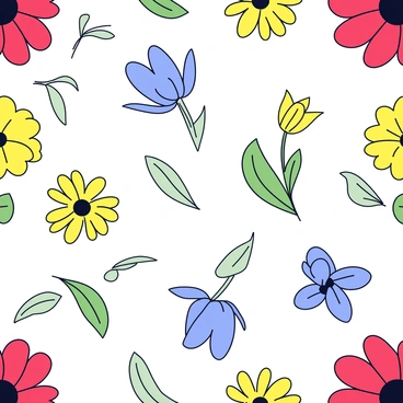 A delicate floral pattern featuring various colorful blossoms including red roses, yellow daisies, and blue tulips. The pattern also includes green and light green leaves, some with intricate vein details. The flowers and leaves are arranged in a harmonious, repeating design that creates an overall pleasing look.