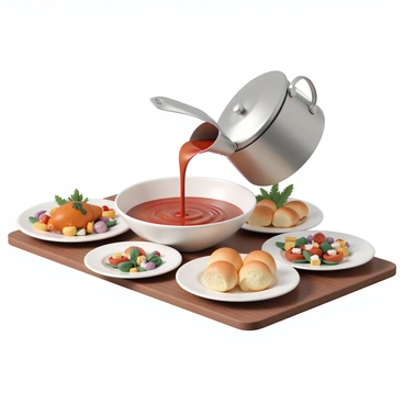 A metal saucepan with a shiny surface is tilted, pouring a rich, red homemade sauce. The sauce cascades smoothly from the saucepan's spout into a large, white serving bowl placed on a wooden dining table. The bowl is filled with various fresh ingredients, including herbs and diced vegetables, enhancing the vibrant color of the sauce. Surrounding the bowl are neatly arranged plates of food, such as roasted chicken, colorful vegetables, and fluffy bread rolls, creating a warm, inviting atmosphere of a family dinner. The scene is well-lit, emphasizing the glossy texture of the sauce and the appetizing presentation of the meal.