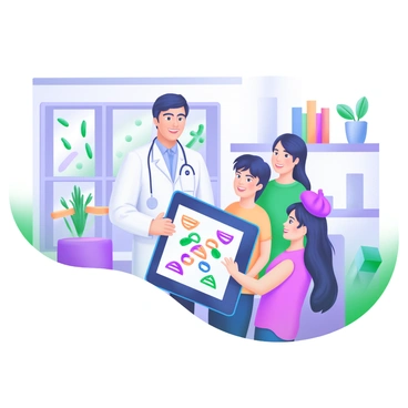 A modern pastel illustration depicting a "friendly genetic counselor" standing next to a "curious family." The counselor is holding a tablet that displays colorful DNA sequences with distinct patterns. The family, consisting of two adults and two children, looks engaged and attentive, with expressions of curiosity. The setting includes a comfortable office with a bookshelf filled with biology books and plants in the background, creating a welcoming atmosphere.