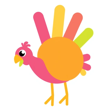 A child's colorful handprint in a variety of bright colors, such as red, orange, yellow, and green, forms the body of a turkey. The handprint features several vibrant feathers sticking out from the top, each feather displaying different colors. The turkey has large, googly eyes positioned near the thumb of the handprint, giving it an animated appearance. The fingers, representing the turkey's tail, spread out with playful, whimsical shapes.