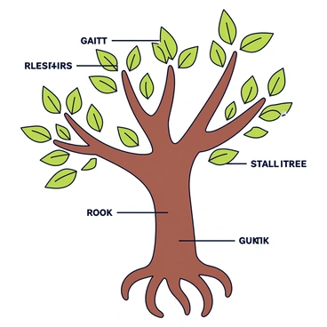 A detailed illustration of a tree highlighting its structure. The illustration features a thick trunk that divides into several branches extending outward. The roots are prominently displayed below the ground, showcasing their network. Each part of the tree—roots, trunk, and branches—has clear labels indicating their names. The leaves are simplified in shape and color, enhancing the clarity of the overall illustration.