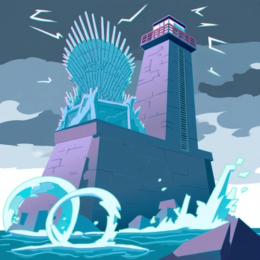 A large Iron Throne, with jagged metal spikes and intricate designs, is positioned atop a tall, weathered lighthouse. The lighthouse is made of stone, with cracks and a spiral staircase visible on the exterior. Dark, ominous clouds fill the sky, with streaks of lightning illuminating the scene. Below, powerful waves crash against the rocky shoreline, sending sprays of water into the air. The overall atmosphere conveys a sense of power and tension, with the throne standing as a symbol of authority against the backdrop of the tumultuous sea.