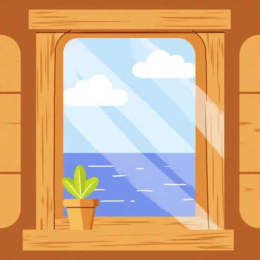 A small wooden window within Noah's Ark reveals a view of the ocean. The ocean is depicted with gentle waves reflecting a bright blue sky. A few fluffy white clouds drift lazily overhead. The window frame is crafted from aged wood, showing intricate patterns. On the sill rests a small potted plant with vibrant green leaves. Sunlight streams in through the window, casting warm light into the interior space.