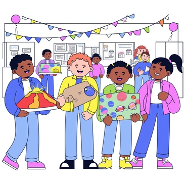 A group of excited students stands next to their colorful science project displays at a bustling school science fair. Each student has a bright smile, showcasing their enthusiasm. The projects feature various scientific themes, including a volcano model with red and orange lava, a solar system diagram with planets painted in vibrant colors, and a simple robotic arm made from cardboard. The background has other students and families walking around, examining different projects. Decorations like streamers and balloons hang from the ceiling, adding to the festive atmosphere.