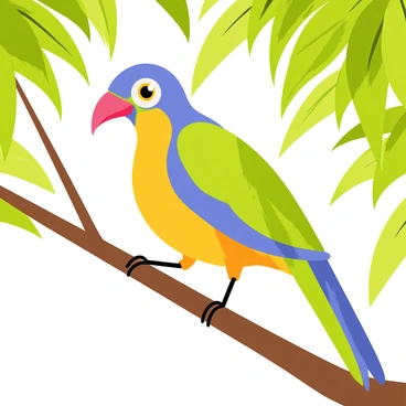 A brightly colored tropical bird with vibrant feathers in shades of blue, green, and yellow is perched on a thick, brown tree branch. The bird has a long curved beak and large expressive eyes. Surrounding the bird are lush green leaves, creating a rich background. Sunlight filters through the leaves, casting soft shadows on the branch. The scene captures the lively essence of a tropical environment.