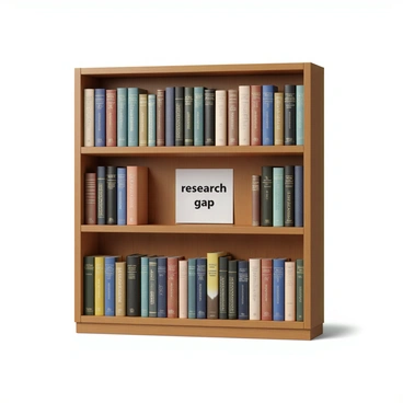 A wooden library shelf filled with various books, each with colorful spines and titles facing outward. The shelf is well-organized, but there is one noticeable gap where a book should be, with a small sign placed in the space that reads "research gap." The surrounding books vary in size and color, creating a vivid array of literature. The shelf is positioned against a softly lit wall, enhancing the focus on the missing book and the importance of the gap.