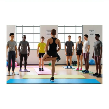 A fitness trainer with short brown hair and a black tank top is demonstrating core exercises in a bright fitness studio. The studio has large windows that allow natural light to flood the space, illuminating the colorful exercise mats on the floor. A small group of five diverse individuals, including two men and three women, are attentively watching the trainer. The group is wearing a variety of athletic clothing, including leggings, shorts, and t-shirts. The trainer is showing an exercise that involves balancing on one leg while engaging the core muscles. Motivational posters are visible on the walls, and there are fitness equipment items like dumbbells and resistance bands neatly arranged in the background.