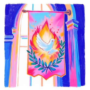 A colorful banner hangs prominently inside a church. The banner features a large white dove in the center, symbolizing peace. Surrounding the dove are vibrant flames in shades of red and orange, representing the Holy Spirit. Olive branches in deep green encircle the dove, adding a sense of tranquility. The banner is made of fabric that gently sways with the air, and soft light filters through the church windows, casting a warm glow on the scene.