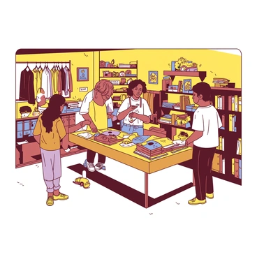 A yellow thrift store is filled with a variety of secondhand items, including colorful clothes hanging on racks, vintage toys displayed on shelves, and stacks of books piled up on tables. Cheerful shoppers of diverse backgrounds are browsing through the items, examining unique finds and engaging in conversation. The store has a cozy atmosphere with warm lighting illuminating the eclectic mix of merchandise, creating a sense of community and excitement among the patrons.