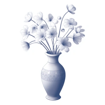 A vase with an elegant shape, featuring intricate patterns etched into its surface. The vase is filled with a variety of delicate flowers, their petals gracefully spilling over the rim. Each flower has distinct shapes and textures, creating a sense of movement as they cascade outward. The arrangement includes slender stems that bend gently under the weight of the blossoms. The overall composition emphasizes the beauty and fragility of the flowers in relation to the vase.