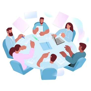 A group of diverse people is sitting around a large, circular table covered with various sketchbooks and colorful pens. One person is flipping through a sketchbook filled with ideas while another is writing notes on a notepad. A third individual is pointing at a page in their sketchbook, and an open laptop is placed in front of them, showing a digital document. The atmosphere is focused and collaborative, with sheets of paper scattered across the table. Each person is engaged, sharing their thoughts and concepts for quiz ideas.