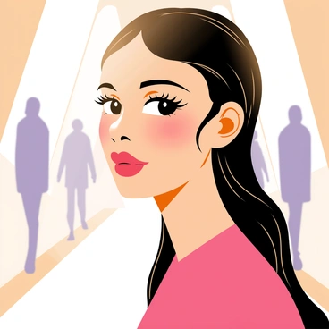 A model's face with defined cheekbones and smooth skin is illuminated by the glow of bright, white runway lights. Her eyes sparkle with confidence, framed by long eyelashes. She has glossy, styled hair that flows elegantly around her shoulders. The background features soft, blurred silhouettes of a fashion runway, enhancing the focus on her expression and the radiant light.