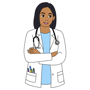 A female doctor with medium skin and shoulder-length black hair is wearing a white lab coat. She has a confident expression on her face, with her arms crossed over her chest. The coat features a pocket on the left side, which holds a few pens. She is standing against a simple background, with her stethoscope draped around her neck. Her bright eyes convey determination, and she is wearing a light blue shirt underneath her lab coat.