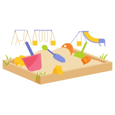 A children's playground sandbox filled with light brown sand. Colorful toys are scattered around the sandbox, including a bright red bucket, a blue shovel, a green rake, and several yellow and orange molds shaped like animals. The sandbox is surrounded by a wooden border, and a few blades of grass peek through the edges. In the background, there are swings and a slide, creating a vibrant playground atmosphere.