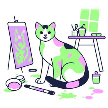 A Bengal cat with distinctive spots and stripes is sitting gracefully on a paint-splattered floor in an artist's studio. The cat's coat features a mix of vibrant patterns. Nearby, there are scattered paintbrushes and open paint tubes, some with colorful paint dripped onto the floor. In the background, an easel holds a partially completed canvas, with vivid strokes of paint visible. Various art supplies are organized on a nearby table, and a window lets in natural light, illuminating the creative space.