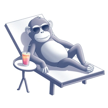 A monkey face with expressive features is wearing sunglasses. The monkey is lounging comfortably on a beach chair, which is positioned in a relaxed manner. Next to the chair, there is a vibrant drink resting on a small table. The scene captures the leisure of a beach setting, emphasizing the laid-back attitude of the monkey.