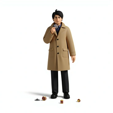 A detective with short black hair and wearing a beige trench coat stands at a crime scene. He holds a magnifying glass in his right hand, closely inspecting a small object on the ground. The scene is set outdoors, with evidence markers scattered around. The detective's expression is focused and serious, reflecting the importance of his task. In the background, there are faint outlines of police tape and a few trees. The lighting is bright, creating clear shadows on the ground.