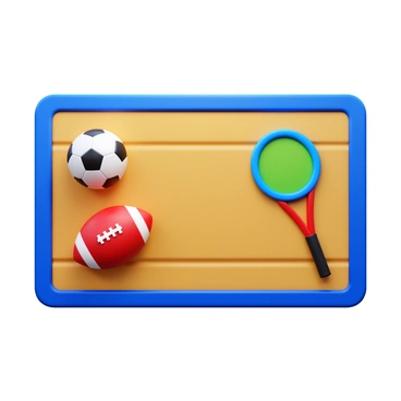 A doormat with a textured surface. The design features various sports equipment, including "a football," "a basketball," and "a tennis racket." The equipment is arranged in a dynamic layout, showcasing their distinct shapes and colors. The background of the doormat is a neutral tone that contrasts with the vibrant colors of the sports items.