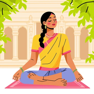 An Indian woman wearing a colorful traditional sari sits cross-legged on a patterned mat in front of an ancient temple. She has long black hair tied back and wears jewelry, including earrings and a necklace. The temple behind her is adorned with intricate carvings and statues of deities, with warm stone colors. Lush greenery surrounds the temple, and soft sunlight filters through the leaves, casting gentle shadows. The woman has her eyes closed, hands resting on her knees, exuding a sense of tranquility and focus.