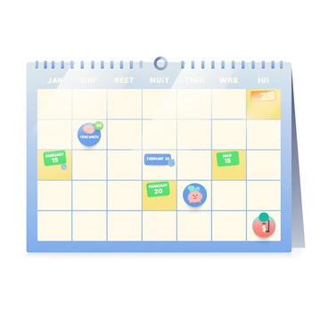 A large, wall-mounted calendar is displayed prominently. The calendar has a grid layout, with each square representing a day of the month. Several dates are marked with bright colors; for example, "January 15", "February 20", and "March 30" are circled in green, blue, and yellow respectively. Each marked date has small icons next to it, such as a piggy bank icon on "January 15" and a dollar sign on "February 20". The calendar features a decorative border, and the days of the week are labeled clearly at the top in bold letters. 