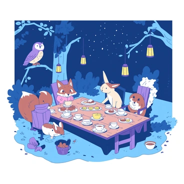 A group of diverse animals is gathered around a large wooden table in a forest clearing. The table is covered with an assortment of tea sets, delicate china cups, and a spread of various pastries and treats. Various animals, including a wise owl perched on a nearby branch, a playful rabbit seated on a chair, and a curious fox leaning over the table, are engaged in animated conversation. The clearing is illuminated by a soft glow from hanging lanterns, and the night sky above is filled with twinkling stars. The atmosphere is lively, with the animals enjoying their midnight tea party amidst the serene backdrop of trees and the gentle rustle of leaves.