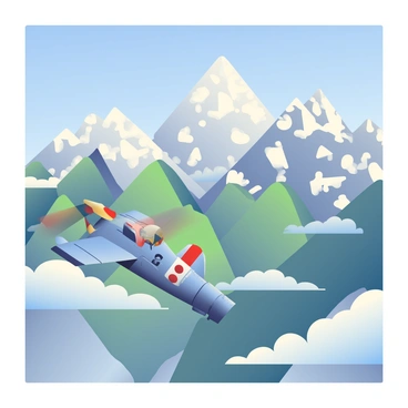 A vintage Spitfire airplane is soaring through a clear blue sky. Below, majestic mountains rise dramatically, their peaks capped with white snow and lush green slopes. Fluffy white clouds drift lazily around the mountain tops, adding depth to the scene. The sunlight casts warm highlights on the rocky surfaces of the mountains, emphasizing their rugged texture. The Spitfire's wings glint as it maneuvers gracefully against the breathtaking backdrop of nature's beauty.