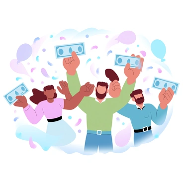 A group of players is joyfully holding their lottery prizes, with oversized checks and colorful tickets in hand. They are surrounded by swirling confetti falling from above, creating a festive atmosphere. Each player is wearing bright, celebratory clothing, with vibrant colors that enhance the excitement of the moment. The background features balloons and playful decorations, further amplifying the celebratory scene.