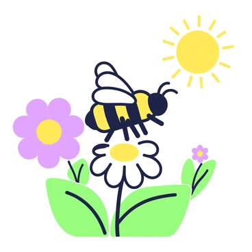 A bee with distinct black and yellow stripes is performing a waggle dance on a bright morning. The bee is positioned on a small flower, displaying its wings in motion. Surrounding the flower, there are several green leaves that frame the scene. The sun is shining from the top right, casting soft shadows on the petals of the flower. In the background, a few more flowers can be seen, adding depth to the setting. The atmosphere conveys a lively and active environment, emphasizing the bee's energetic movements.