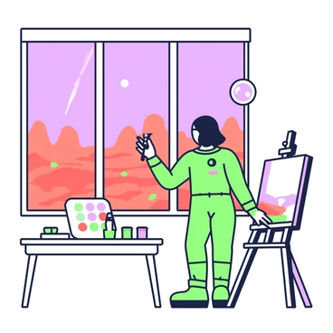An artist is standing in a studio on Mars, surrounded by various painting supplies. The studio features large windows that provide a view of the red landscape outside, with rocky terrain and a distant horizon. The artist is wearing a protective suit and holds a brush in one hand, while an easel stands in front of them, displaying a canvas with a partially painted Martian landscape. The scene outside the window is filled with red rocks and a dusty atmosphere, with a hint of purple skies. Various tubes of paint are scattered on a table beside the artist, alongside a palette with vibrant colors.