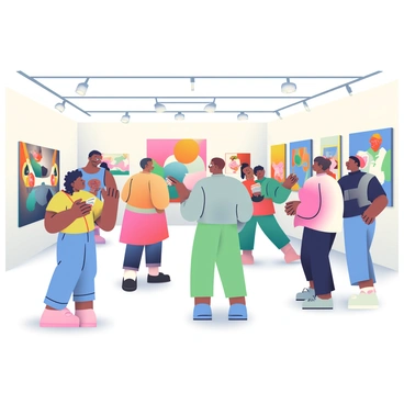 An art exhibition is taking place in a spacious gallery filled with diverse artworks displayed on white walls. Several artists with varying skin tones are mingling throughout the room. One artist with curly hair is gesturing animatedly while discussing a colorful abstract painting. Another artist with glasses is holding a stack of business cards, offering one to a fellow artist who is admiring a ceramic sculpture. A group of artists stands near a large canvas, engaged in a lively conversation, with one artist pointing towards their artwork. The atmosphere is vibrant, with people dressed in a mix of casual and artistic attire, creating a dynamic scene of creativity and collaboration.