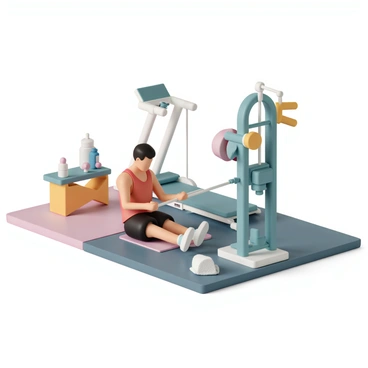 A miniature gym model, showcasing vibrant colored gym equipment and small details like dumbbells and a treadmill. The gym includes a cable machine with intricate components, and a tiny figure, dressed in a red tank top and black shorts, is on its knees, performing cable crunches. The figure is focused, with its hands gripping the cable, while its muscles are visibly tensed, illustrating an active workout. The gym is filled with small accessories such as a water bottle and a towel on a bench.