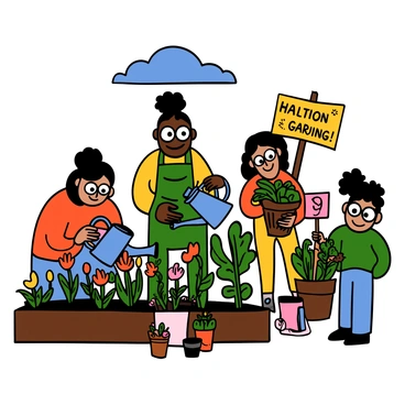 A series of illustrations showing a community engaging in urban gardening projects