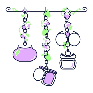 A decorative chain is displayed hanging from a wall. Attached to the chain are several pairs of glasses with intricate designs. The glasses vary in style, including round and rectangular frames, with ornate detailing on the sides. Each pair of glasses is positioned at different heights, creating a dynamic arrangement. The chain has floral patterns, enhancing the vintage feel of the image. The background is simple, allowing the focus to remain on the glasses and the decorative chain.