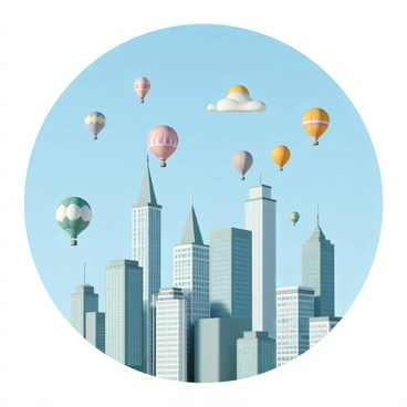 A modern city skyline featuring tall glass skyscrapers with various architectural designs. The buildings reflect sunlight, creating a shimmering effect. In the sky above, several colorful hot air balloons are floating, each with distinct patterns and colors. The balloons vary in size, with some larger ones providing a stark contrast to the sleek buildings below. A clear blue sky serves as the backdrop, enhancing the vibrancy of the scene.