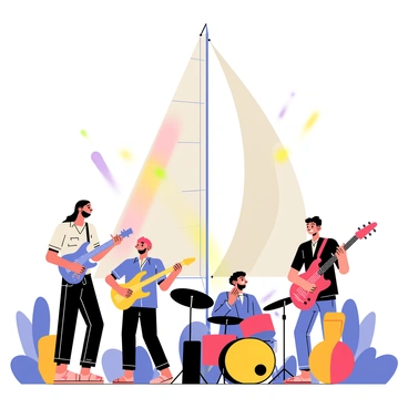 A live band performing on a Bainbridge 172 board with a vibrant atmosphere. The band features four musicians: a vocalist with long hair holding a microphone, a guitarist with a blue electric guitar, a drummer with a drum set in the background, and a bassist playing a red bass guitar. Colorful lights beam down from above, creating dynamic patterns around the stage. The audience is lively, with some people dancing, while others are clapping along to the music. The sailboat's distinctive features, such as the white sails and wooden deck, are visible in the background, adding to the maritime setting of the performance.