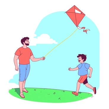 A parent is standing on a green grassy field, holding a bright yellow kite string in their right hand. The string is taut, leading to a young child who is joyfully running ahead, wearing a light blue shirt and orange shorts. The child is laughing, looking back towards the parent with excitement. The kite, soaring high in the sky, is a vibrant mix of red and white, fluttering against the blue background of the sky. The parent has a gentle smile, watching intently, as if guiding the child’s every move with the string. The scene captures a moment of playful connection between the two.
