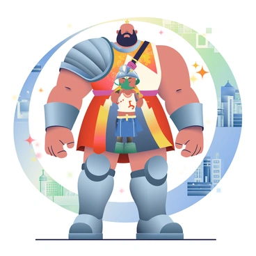 A large Goliath with rugged skin and a striking, muscular build is positioned at the center of the image, standing tall and imposing. The Goliath's attire changes with each era he experiences, showcasing a medieval knight's armor on one side, complete with a shining helmet and a large shield. Moving towards his center, he wears a Renaissance-inspired outfit, adorned with rich fabrics and intricate patterns, while the other side features modern clothing, like a casual t-shirt and jeans. Surrounding the Goliath is a swirling magical time portal, which emits bright colors and sparkles, signifying the transition between eras. In the background, faint images of different historical landmarks, such as a castle, a cathedral, and a skyscraper, can be seen blending together, highlighting the passage of time. The overall composition captures the essence of the Goliath's journey through these varied periods.