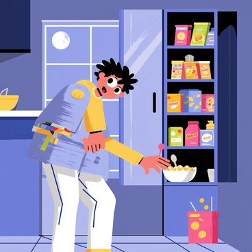 A person with tousled hair wearing pajamas is tiptoeing quietly into a dimly lit kitchen. Their eyes are wide with excitement as they glance around to make sure no one is watching. The moonlight filters through a window, casting shadows on the tiled floor. A tall cupboard is slightly open, revealing a variety of colorful snack boxes and bags. The person reaches out for a bright red box of cereal sitting on the counter, while a bowl and a spoon are nearby, ready for use.