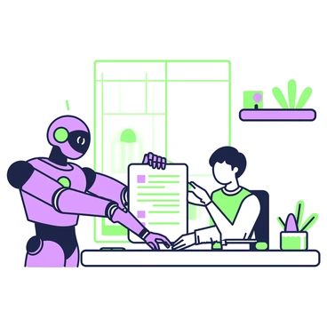 A robotic assistant stands beside a person seated at a desk, assisting them with an "inforce illustration request form." The robot has a sleek, metallic design with articulated limbs, and its eyes feature glowing elements. The person is focused on the form, which is filled with various fields and checkboxes. The desk is cluttered with pens, a notepad, and a calculator. The background shows a modern office space with a large window letting in natural light and plants on a shelf. The robot's right arm is extending towards the form, poised to help the person complete it.