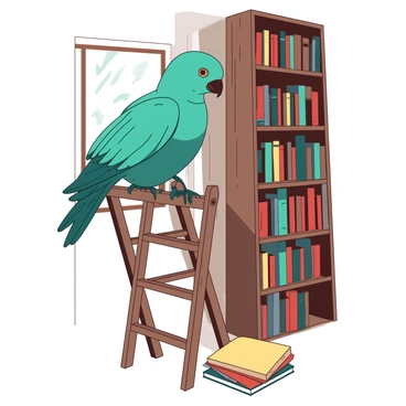 A wise corbeau perched on a wooden ladder among towering library shelves