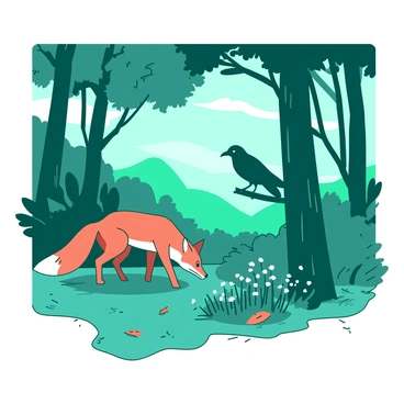 A teal forest setting filled with tall trees and lush green underbrush. In the center of the scene, there is a "black crow" perched on a "low branch" looking down at a "rusty orange fox" that is curiously sniffing the ground below. Sunlight filters through the leaves, casting dappled shadows on the forest floor. The fox's tail is raised, indicating its excitement as it glances up at the crow. The atmosphere is lively, with a few fallen leaves scattered around and a small patch of wildflowers in the foreground.