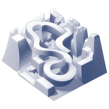 A landscape filled with pathways that twist and turn at impossible angles. These pathways weave through an intricate maze-like structure, creating an optical puzzle for the viewer. The ground is uneven, and the surrounding environment is filled with sharp edges and geometric forms. Shadows and highlights emphasize the complexity and depth of the scene, enhancing the illusion of perspective. Each turn creates unexpected intersections and junctions, inviting exploration and curiosity.