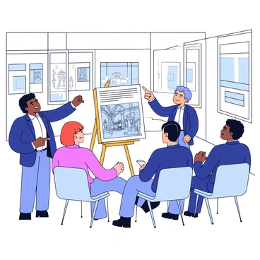 A group of four historians is gathered in a lecture hall within a museum. Each historian is dressed in formal attire, such as blazers and dress shirts. One historian is standing at the front, pointing at a large historical illustration displayed on an easel. The illustration features a detailed scene from a significant historical event. The other three historians are seated, attentively listening and taking notes. The room is filled with rows of empty chairs and has large windows letting in natural light. On the walls are various historical posters and artworks related to the museum's exhibits.