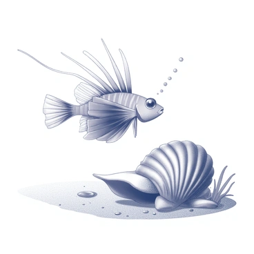 A lionfish with long, flowing fins is gliding gracefully through the water, its spines prominently displayed. The fish is moving past a large, ornate seashell resting on the seabed. The seashell has intricate patterns and textures, showcasing its spiraled shape and natural design. The surrounding environment features sandy textures on the ocean floor, with subtle details of small pebbles and seaweed nearby. Bubbles can be seen rising from the lionfish as it propels itself forward.