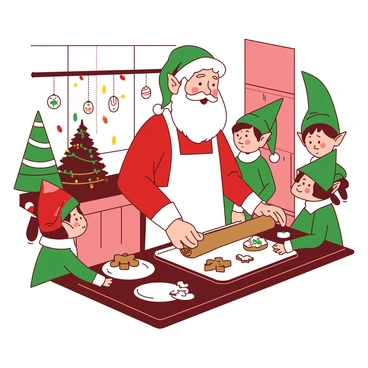 Weihnachtsmann baking gingerbread cookies with elves