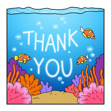A thank you card with a vibrant underwater scene. The background is filled with various types of coral in bright colors like pink, orange, and purple. Colorful fish, such as clownfish and angelfish, are swimming among the coral, showcasing their vivid scales. From the ocean floor, the words "Thank You" are represented as playful bubbles rising towards the surface, each bubble reflecting light in a sparkling manner. The overall composition is lively and cheerful, capturing the essence of a joyful underwater realm.