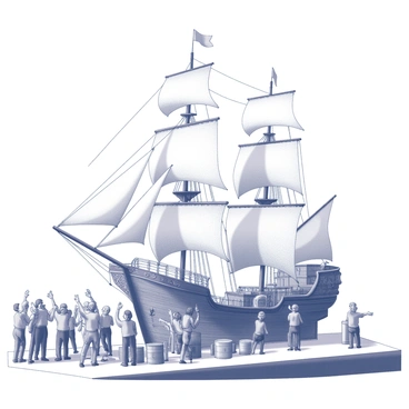 A wooden ship with tall masts and billowing sails is navigating towards a bustling port. The ship's hull is detailed with intricate carvings, and it displays a flag fluttering proudly at its peak. The scene features a lively crowd gathered along the dock, with people waving their arms and cheering in celebration. Some individuals are holding banners, while others are clapping and raising their hands in excitement. The pier is lined with crates and barrels, adding to the maritime atmosphere. The sky is clear, and the sunlight illuminates the scene, highlighting the joyful expressions of the crowd as they welcome the ship's return.