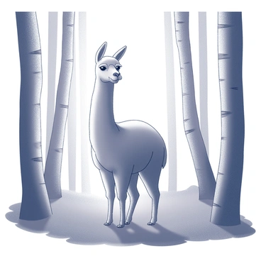 A llama standing gracefully among tall trees in a foggy forest. The llama has a thick, soft coat and an inquisitive expression on its face. The forest floor is covered with a dense layer of mist, creating an ethereal atmosphere. The trees are tall and slender, their trunks partially obscured by the fog. Soft light filters through the branches, suggesting the early light of dawn breaking through the mist.